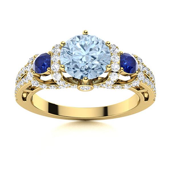 Natural 1.90 CTW Aquamarine , Sapphire & Diamond Engagement Ring 14K Yellow Gold