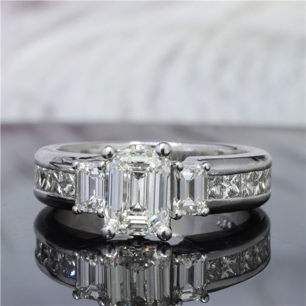Natural 2.32 CTW Royal Emerald, Princess, & Baguette Cut Diamond Ring 18KT White Gold