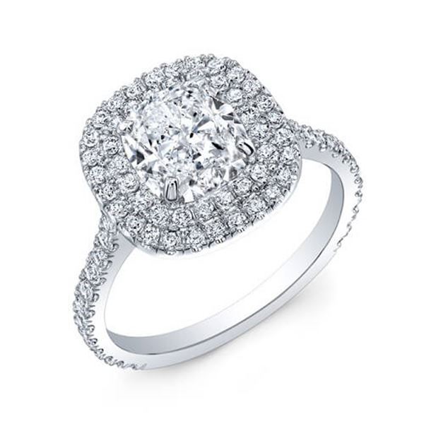 Natural 1.97 CTW Cushion Cut Double Halo Diamond Engagement Ring 14KT White Gold