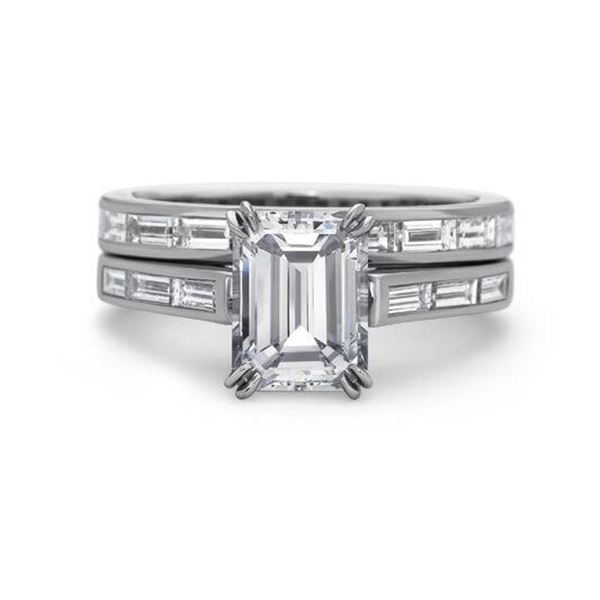 Natural 2.22 CTW Channel Set Baguettes & Emerald Cut Diamond Ring 18KT White Gold