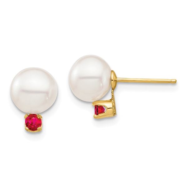 14k Yellow Gold White Pearl Ruby Post Earrings - 7-7.5 mm