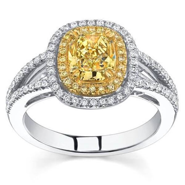 Natural 2.32 CTW Canary Yellow Cushion Cut Diamond Engagement Ring 18KT Two-tone