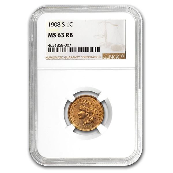1908-S Indian Head Cent MS-63 NGC (Red/Brown)