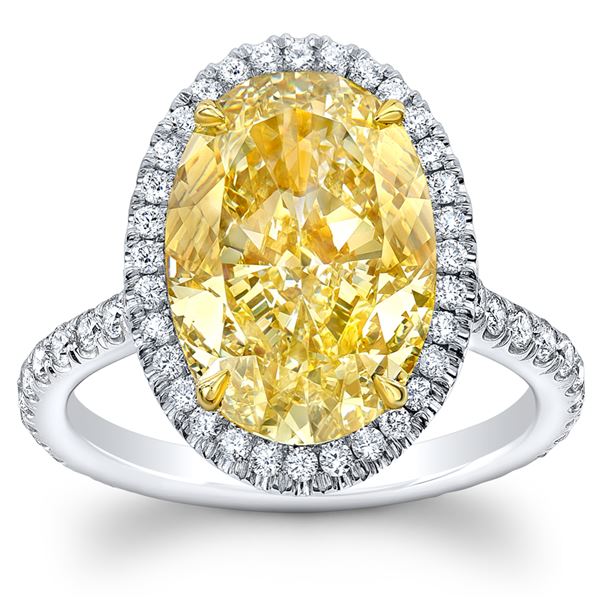Natural 3.92 CTW Halo Canary yellow Oval Cut Diamond Ring 14KT Two-tone
