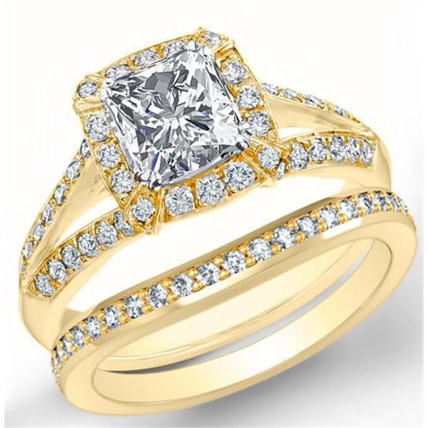 Natural 3.02 CTW Halo Radiant Cut Diamond Split Shank Engagement Set 18KT Yellow Gold
