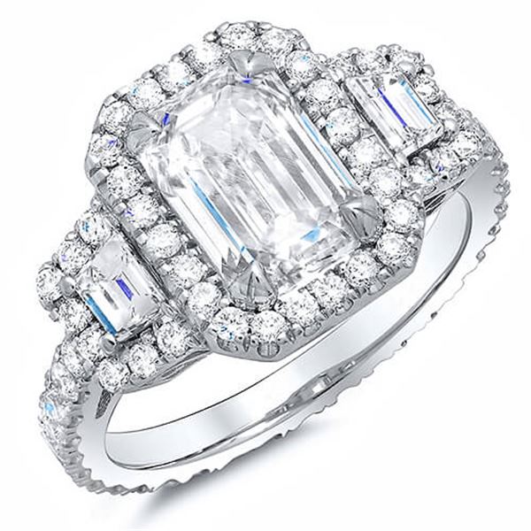 Natural 3.12 CTW Halo Emerald Cut & Trapezoids Diamond Engagement Ring 14KT White Gold