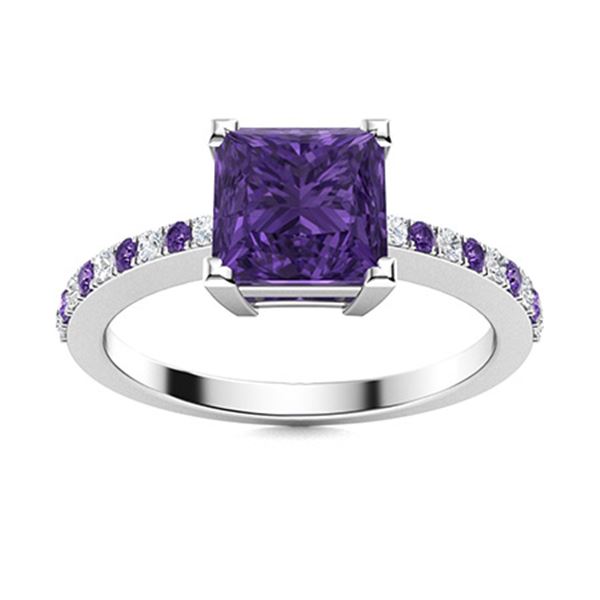 Natural 0.90 CTW Amethyst & Diamond  Engagement Ring 18K White Gold