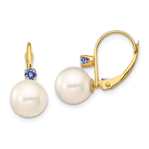 14k Yellow Au White Pearl Tanzanite Leverback Earrings - 8-8.5 mm