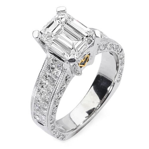 Natural 3.92 CTW Emerald Cut & Princess Diamond Engagement Ring 18KT Two- tone
