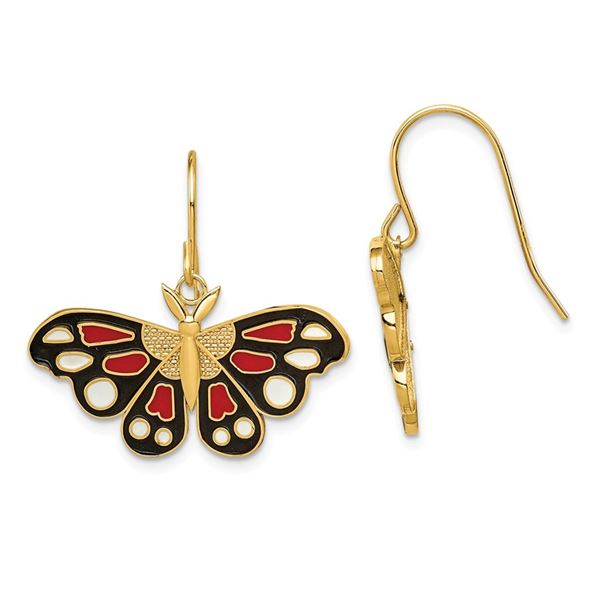 14k Yellow Gold Polished Enameled Butterfly Dangle Earrings
