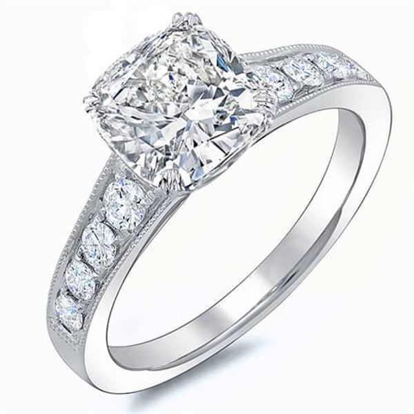 Natural 1.43 CTW Cushion Cut w/ Milgrain Detail Diamond Engagement Ring 14KT White Gold