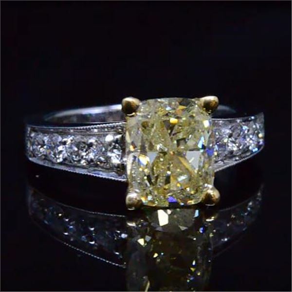 Natural 2.62 CTW Canary Yellow Cushion Cut Solitaire Diamond Ring 18KT Two-tone