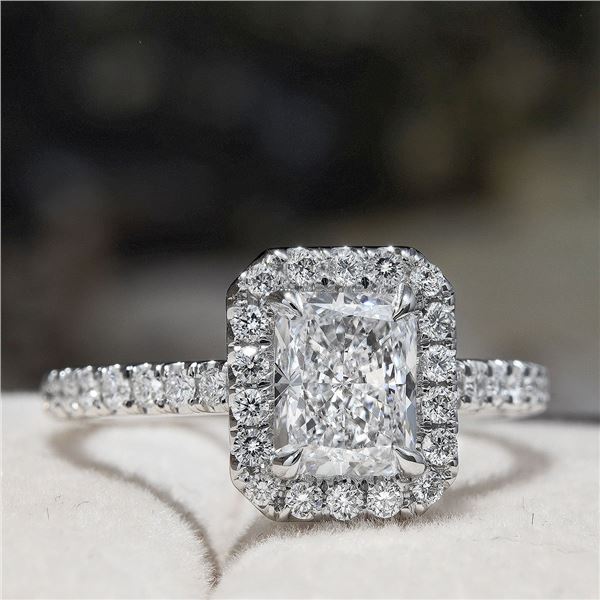 Natural 1.62 CTW Halo Radiant Cut Diamond Engagement Ring 14KT White Gold