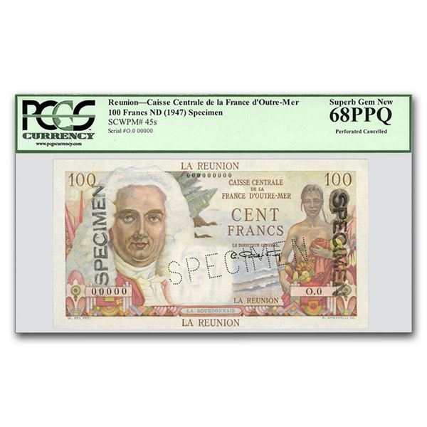 (1947) France Reunion Island 100 Francs CU-68 PPQ PCGS