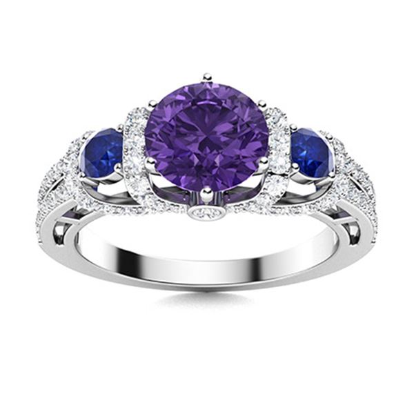Natural 1.91 CTW Amethyst, Sapphire & Diamond Engagement Ring 18K White Gold