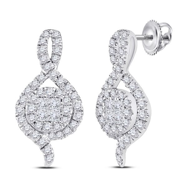 14kt White Gold Womens Princess Round Diamond Cluster Earrings 1/2 Cttw