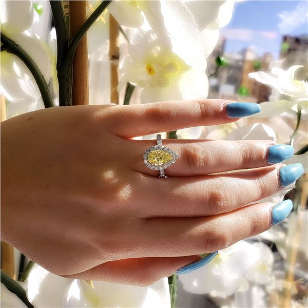 Natural 3.62 CTW Halo Canary Light Yellow Pear Shape Diamond Ring 14KT Two-tone