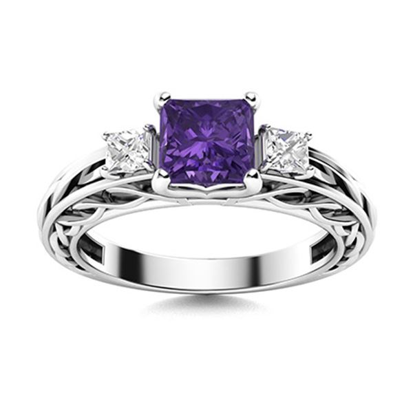 Natural 0.91 CTW Amethyst & Diamond Engagement Ring 14K White Gold