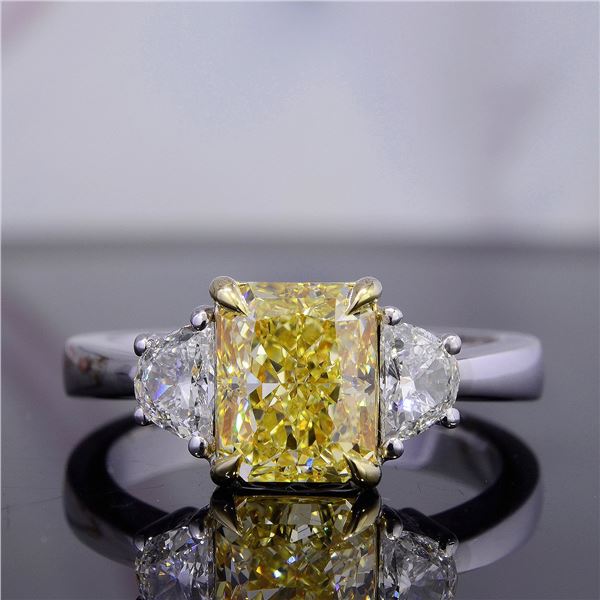 Natural 2.02 CTW Canary Yellow Radiant Cut with Half Moons 3-Stone Diamond Ring 14KT Two-tone