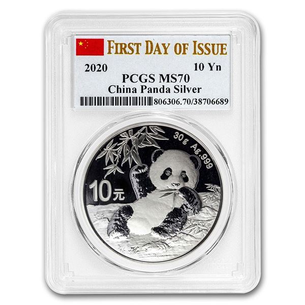 2020 China 30 gram Silver Panda MS-70 PCGS (FDoI, Flag Label)