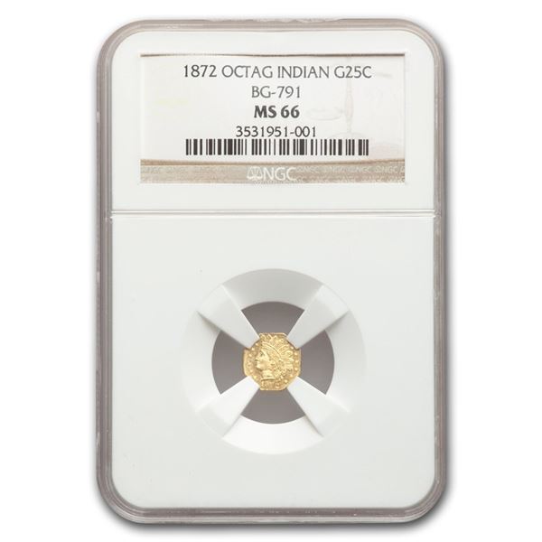 1872 BG-791 Indian Octagonal 25¢ Gold MS-66 NGC