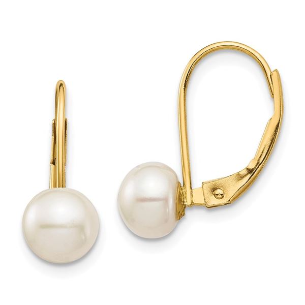 14k Yellow Gold White Button Pearl Leverback Earrings - 6-7 mm