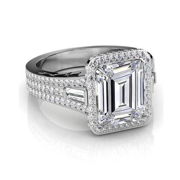 Natural 4.32 CTW Emerald Cut & Baguettes Halo Diamond Engagement Ring 18KT White Gold
