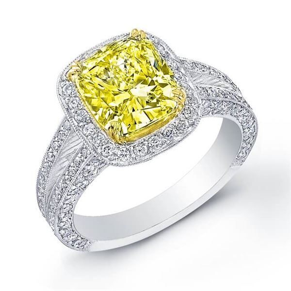 Natural 3.37 CTW Canary Yellow Diamond Pave Halo Engagement Ring 14KT Two-tone