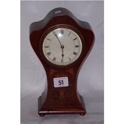 KEYHOLE SHAPED EDWARDIAN INLAID MAHOGANY MANTLE CLOCK ON BRASS BUN FEET