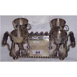4 PIECE E.P.N.S. EGG CRUET SET ON DOUBLE HANDLED TRAY