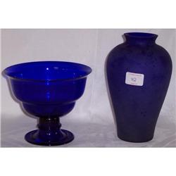 BLUE GLASS VASE AND BLUE GLASS BOWL