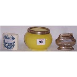 E.P.N.S. RIMMED GLASS BOWL, TABLE LIGHTER, MASONS SPILL HOLDER