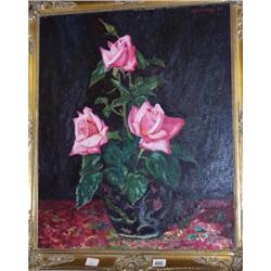 24" X 20" GILT FRAMED OIL PAINTING ON BOARD "STILL LIFE - ROSES IN VASE" BY