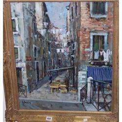 24" X 19½" GILT FRAMED OIL PAINTING ON CANVAS "BRIDGE IN VENICE" BY ANTONIO