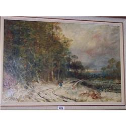 16" X 23½" GILT FRAMED OIL PAINTING ON CANVAS "WOODLAND/PASTORAL SCENE" BY 