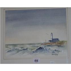 FRAMED WATER COLOUR "SEASCAPE WITH LIGHTHOUSE" BY ALISON GRAY