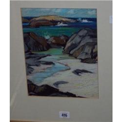 GILT FRAMED PASTEL DRAWING "ROCK POOLS, ISLE OF COLL" BY ANNE DONALD 1975