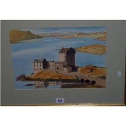 GILT FRAMED WATER COLOUR "EILLEAN DONNAN CASTLE" INITIALLED W.F. 1988