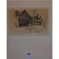 EBONISED FRAMED COLOURED PRINT "THE BEAR AND BILLET, CHESTER"