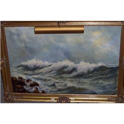 24" X 36" GILT FRAMED OIL ON CANVAS "SEASCAPE" BY J. LEDENT