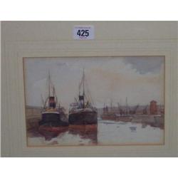 GILT FRAMED WATER COLOUR "DOCKS ON THE RIVER CLYDE" BY WILLIAM TIMMINS