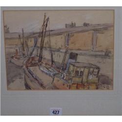 GILT FRAMED WATER COLOUR "SHIPS BERTH AT QUAYSIDE" BY WILLIAM TIMMINS