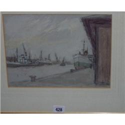 GILT FRAMED WATER COLOUR "SHIPS BERTH AT DOCK SIDE" BY WILLIAM TIMMINS