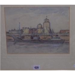 GILT FRAMED WATER COLOUR "CARGO BOAT AT DOCKSIDE" BY WILLIAM TIMMINS