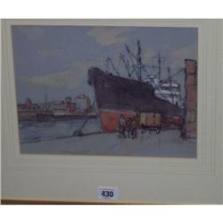 GILT FRAMED WATER COLOUR "SHIPS MOORED AT DOCKSIDE" BY WILLIAM TIMMINS