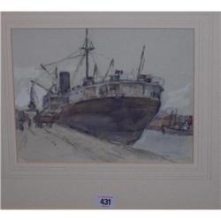 GILT FRAMED WATER COLOUR "SHIP DOCKED AT HARBOUR" BY WILLAIM TIMMINS NO GLA