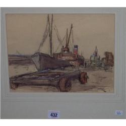 GILT FRAMED WATER COLOUR "SHIP MOORED BY DOCKSIDE" BY WILLIAM TIMMINS