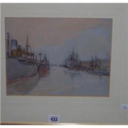 GILT FRAMED WATER COLOUR "SHIPS MOORED BY DOCKSIDE" BY WILLIAM TIMMINS