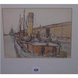 GILT FRAMED WATER COLOUR "TUG AND SHIPS MOORED BY DOCK SIDE" BY WILLIAM TIM