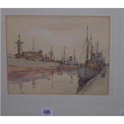 GILT FRAMED WATER COLOUR" SHIPS MOORED AT THE DOCK SIDE" BY WILLIAM TIMMINS